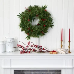 Nearly Natural 24 In. Mixed Pine Christmas Wreath With Lights